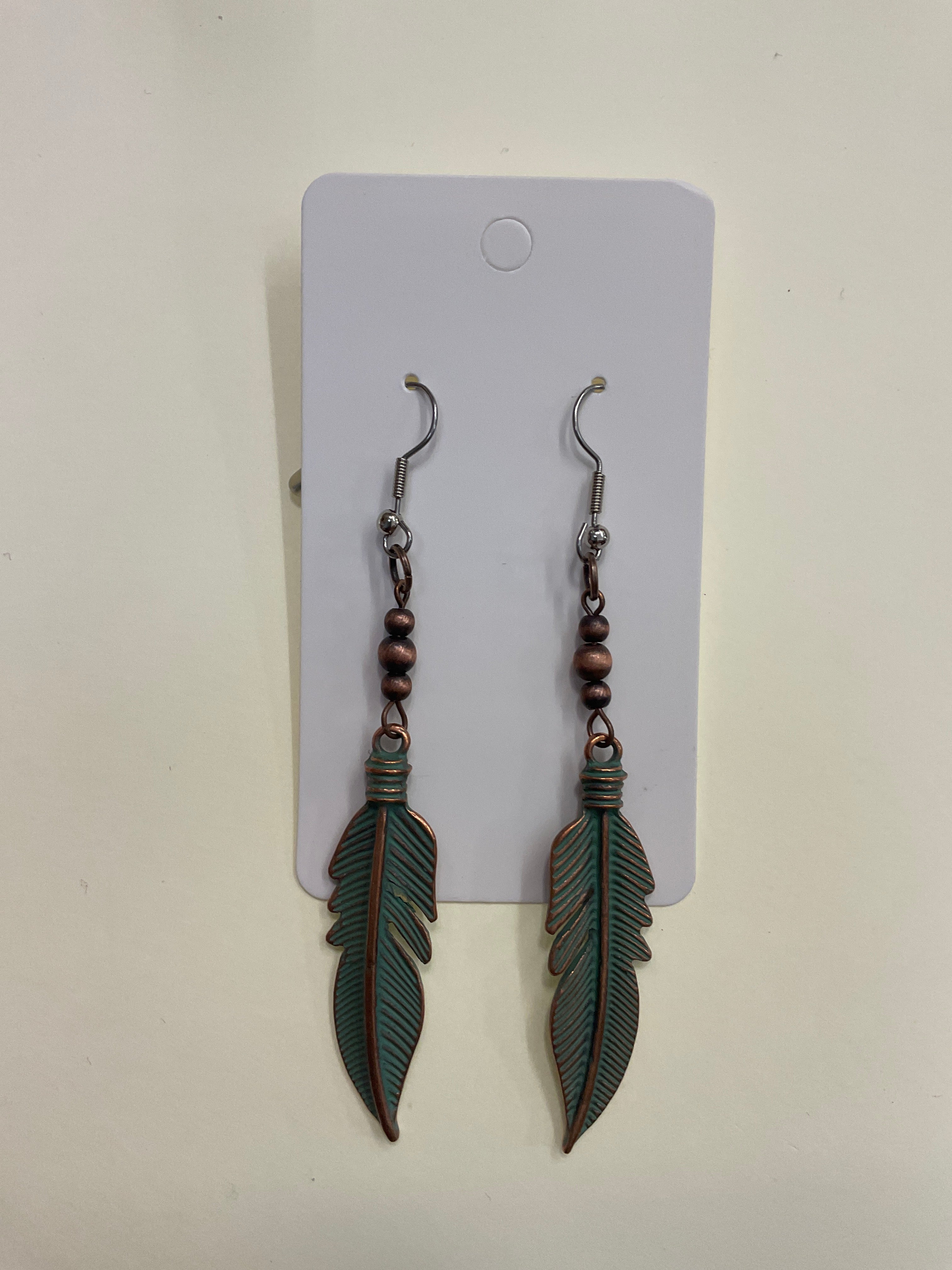 Boho Copper and Patina Feather Dangle Earrings