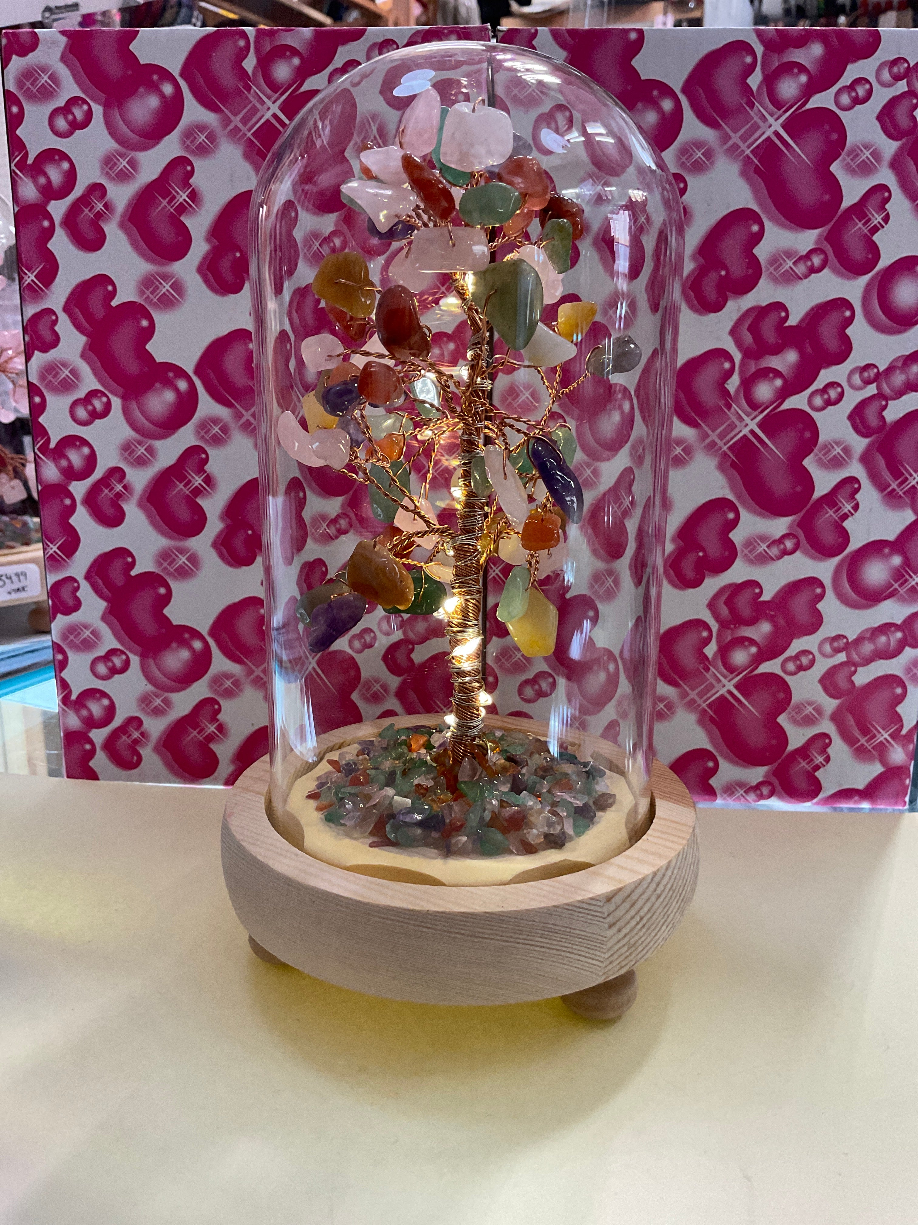 Mineral Stone Tree of Life with Glass Cover & LED Light