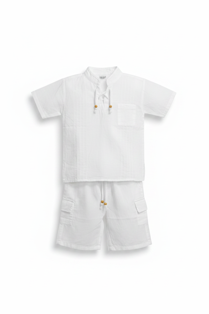 Kids Colon Lace-Up Band Collar Shirt & Shorts Set