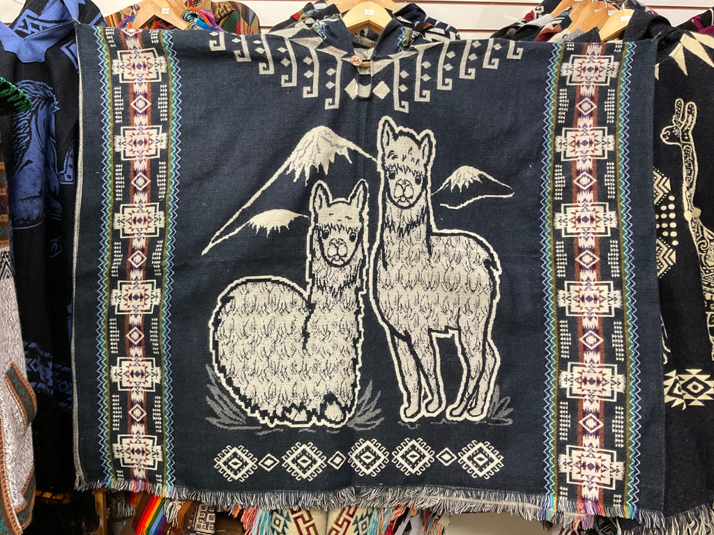 Alpaca Wool Poncho with Hood - Llamas