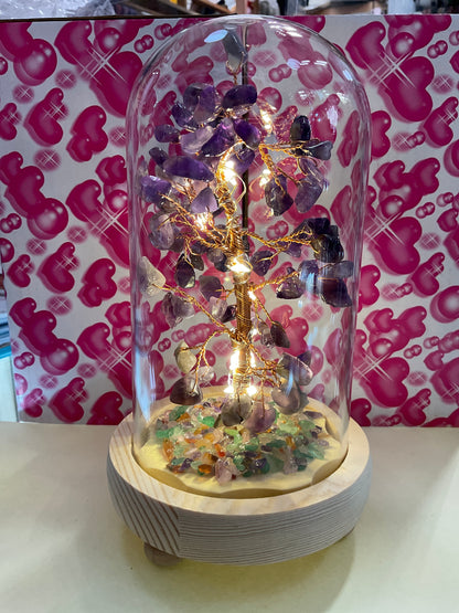 Mineral Stone Tree of Life with Glass Cover & LED Light