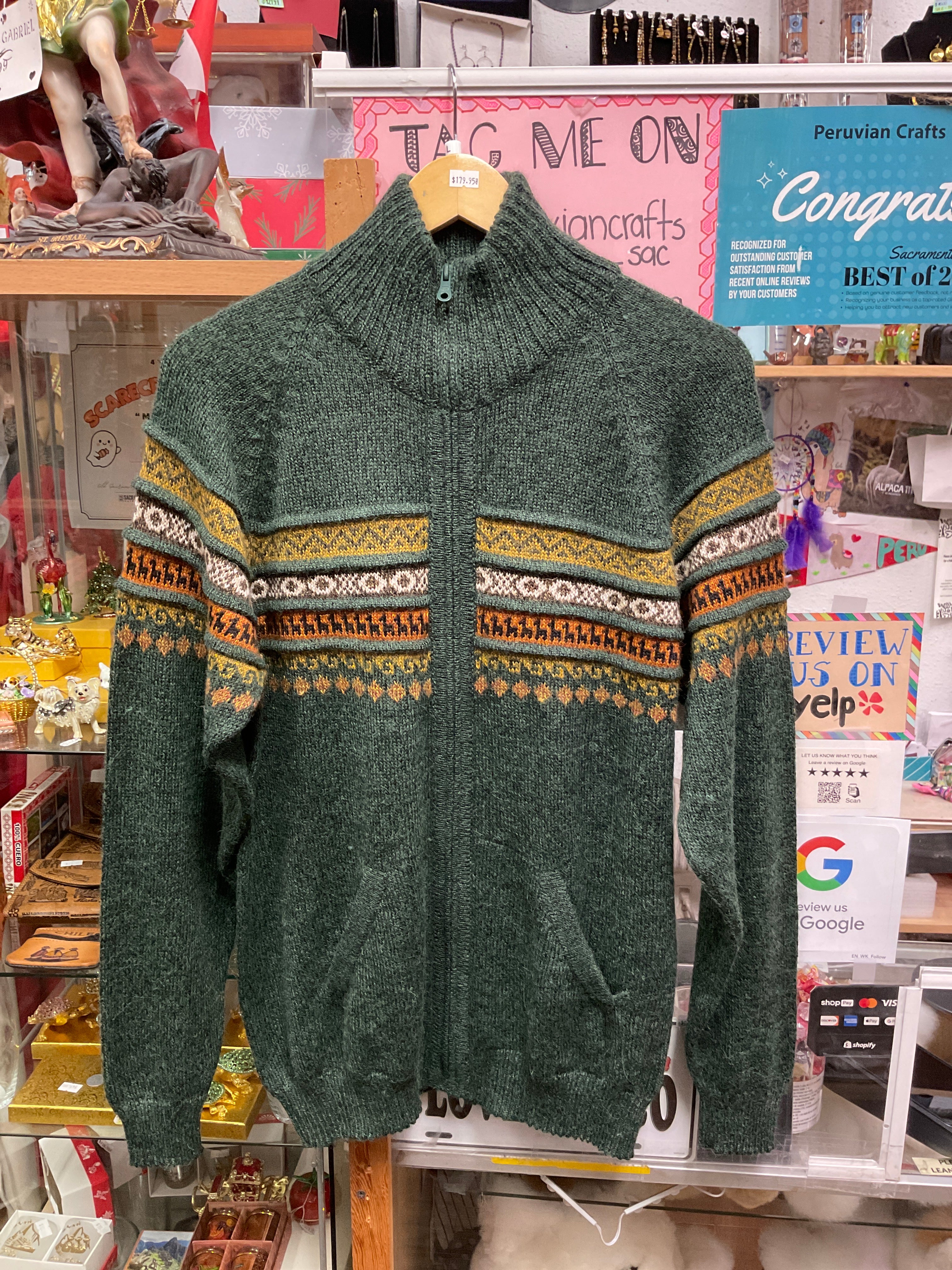 Baby Alpaca zip up cardigan , llama pattern