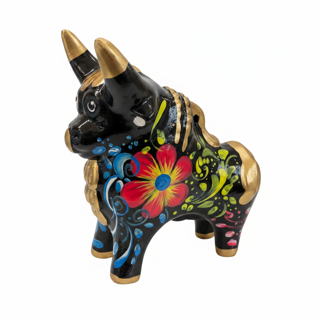 Toro Pucará Floral Negro – Figurilla de Cerámica Peruana Pintada a Mano