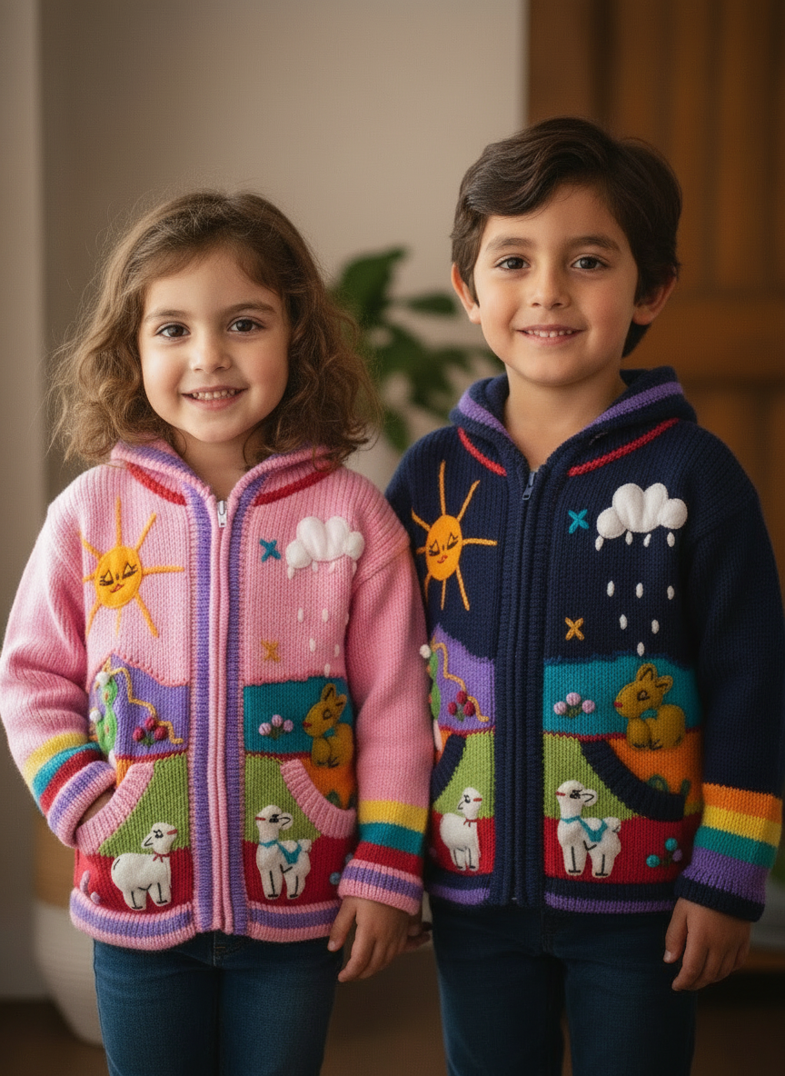 Suéter tipo cárdigan tejido a mano para niños