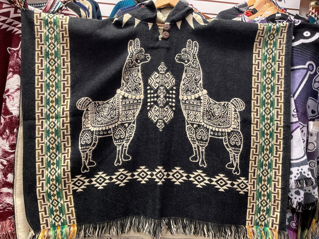 Alpaca Wool Poncho with Hood - Llamas