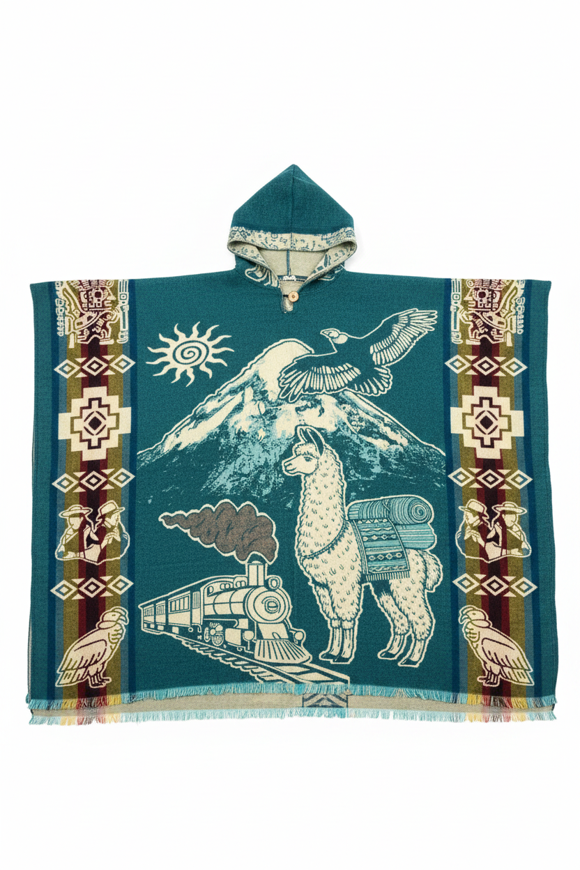 Alpaca Wool Poncho with Hood - Peruvian landscape