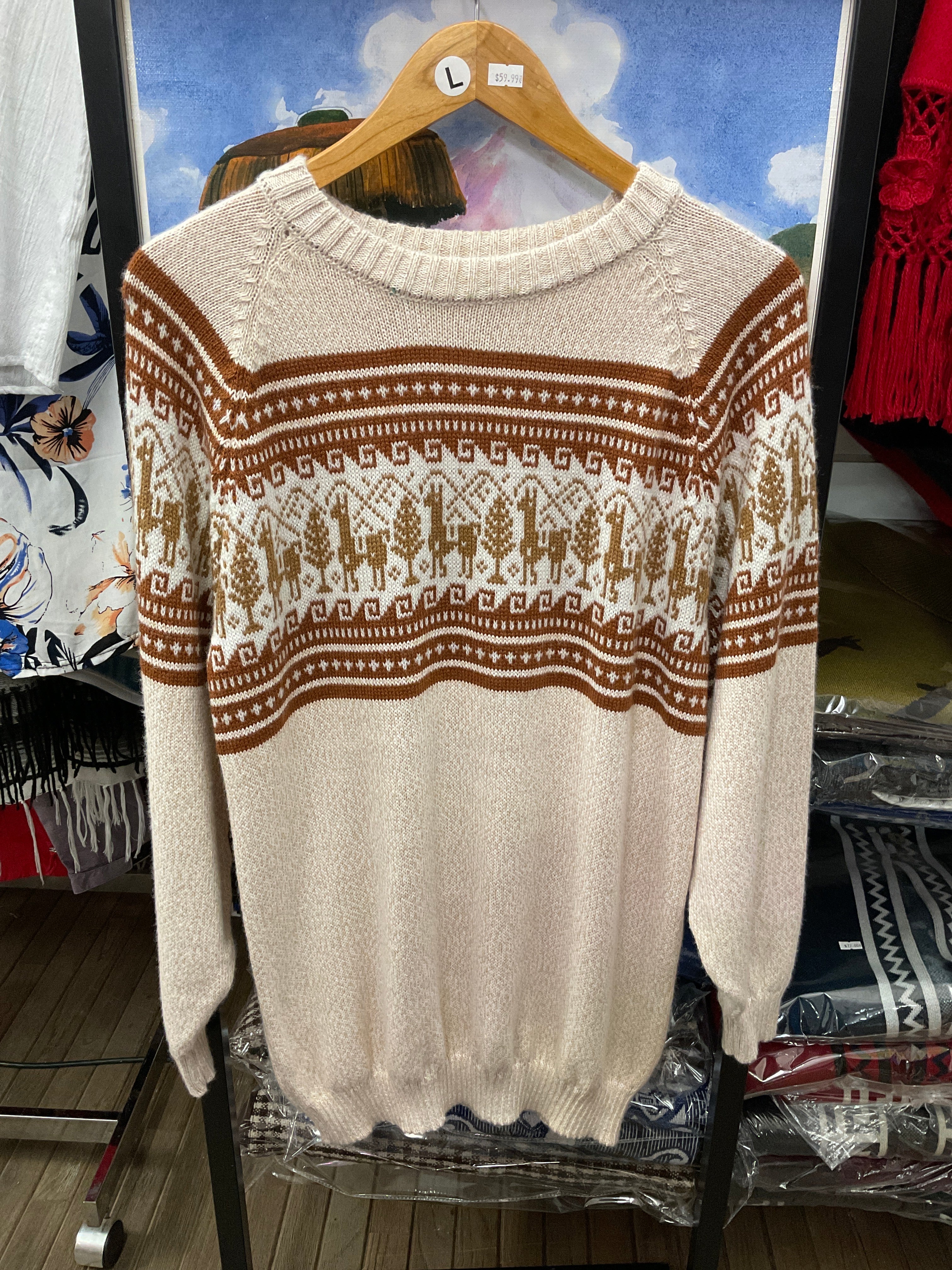 Llama Motif Alpaca Crewneck Sweater