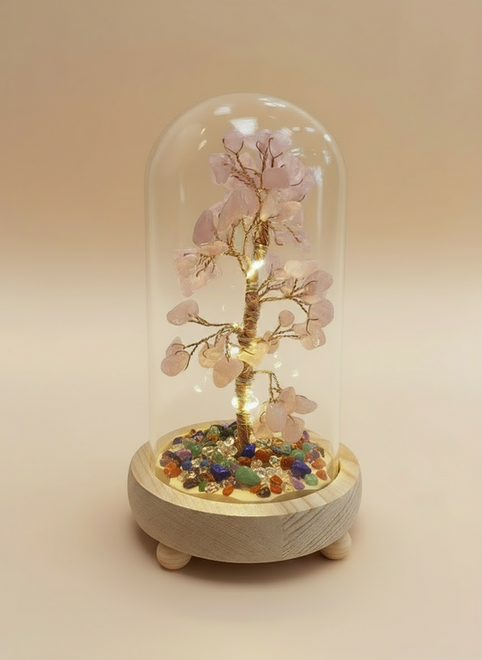 Mineral Stone Tree of Life with Glass Cover & LED Light