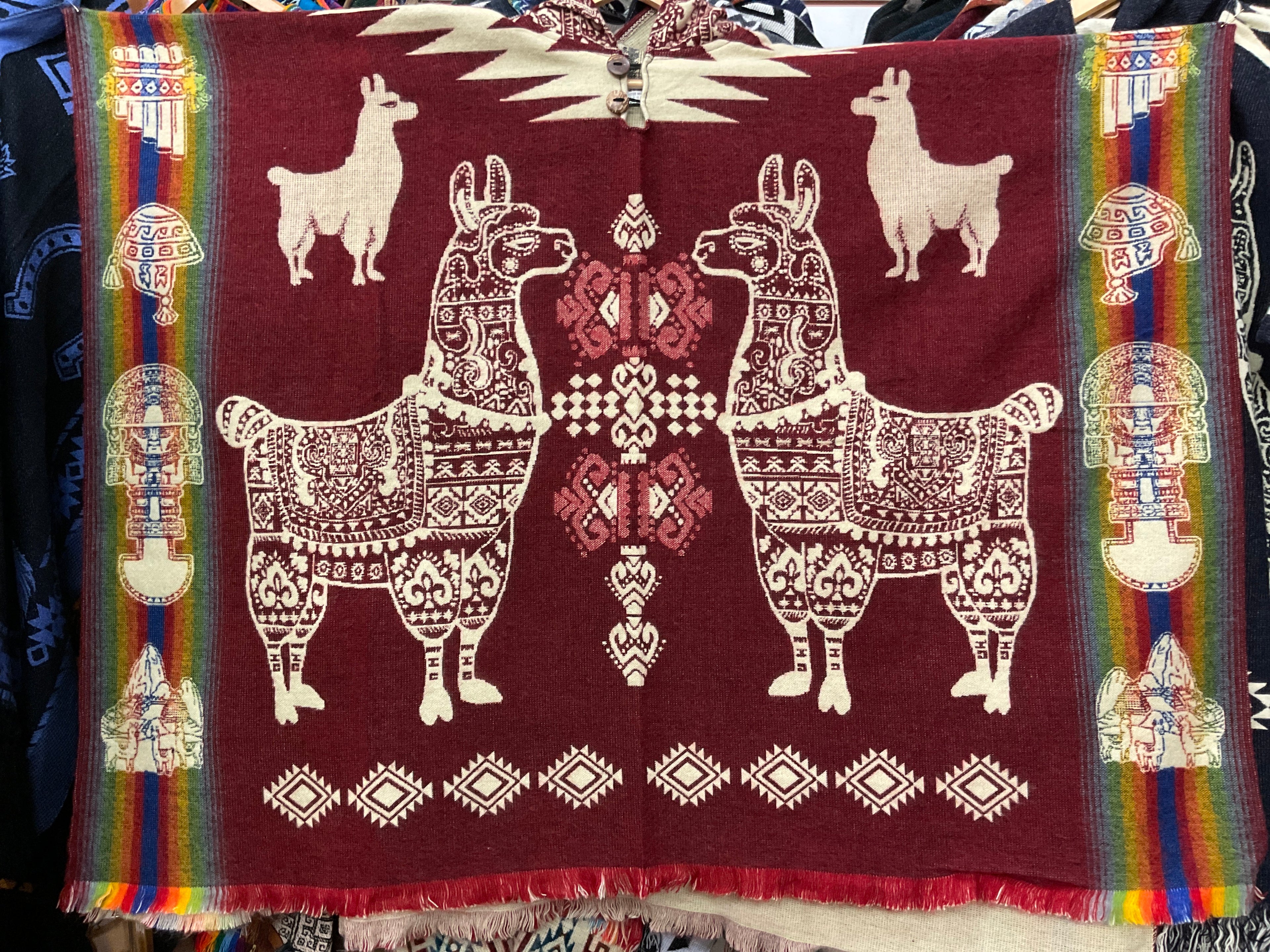 Alpaca Wool Poncho with Hood - Llamas