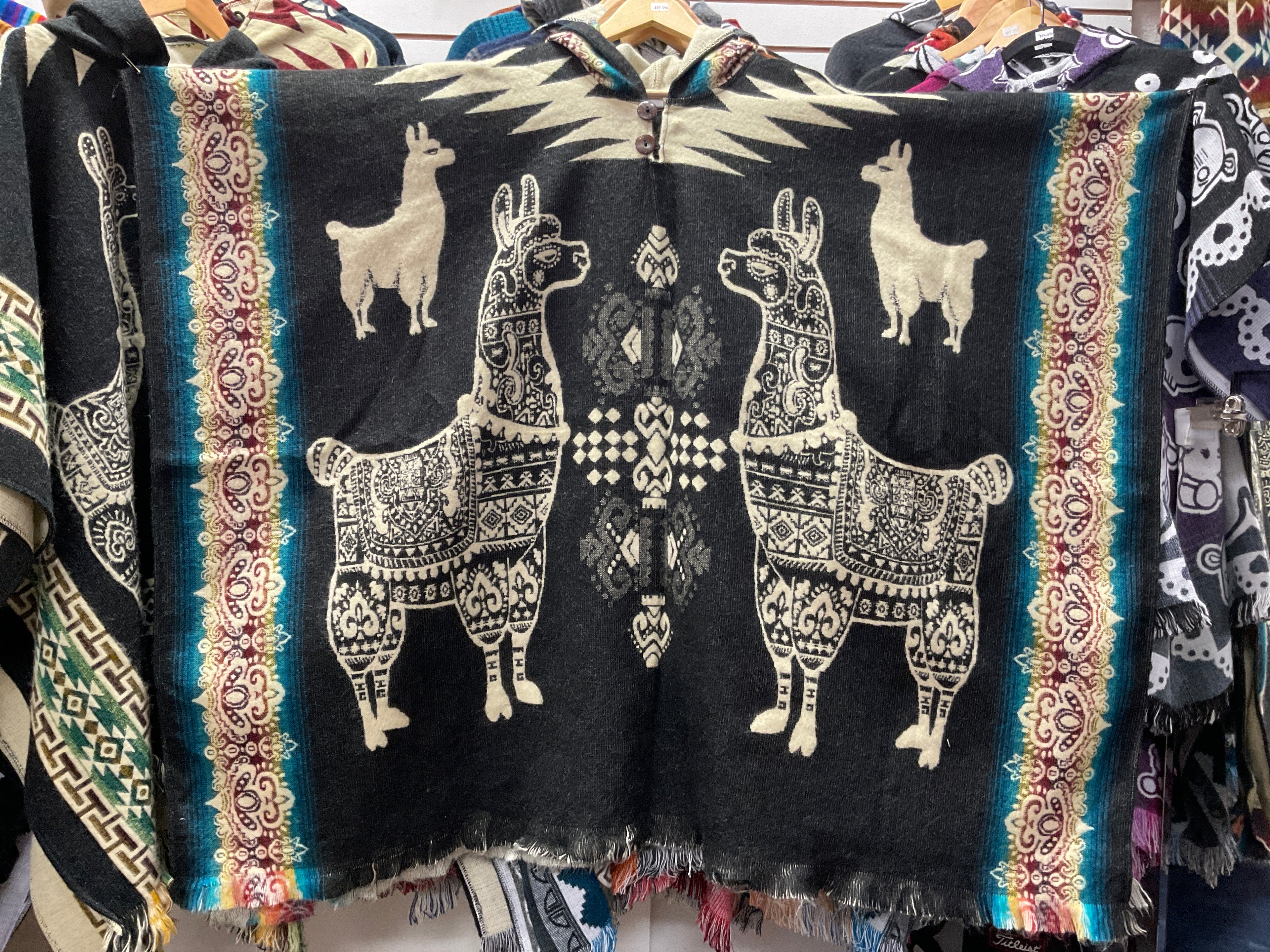 Alpaca Wool Poncho with Hood - Llamas