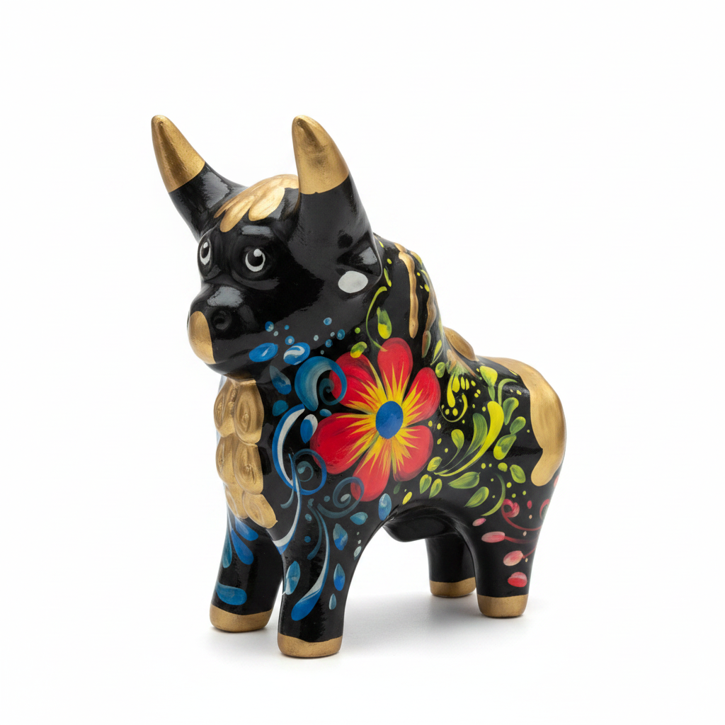 Black Floral Pucará Bull – Hand-Painted Peruvian Ceramic Figurine