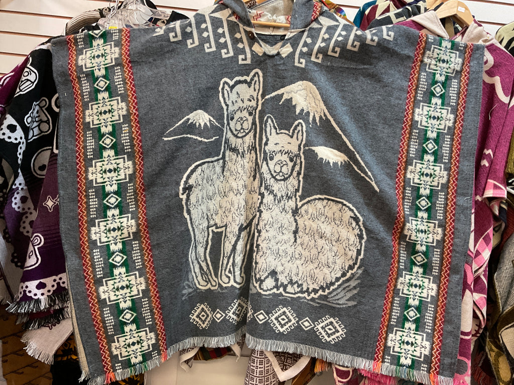 Alpaca Wool Poncho with Hood - Llamas