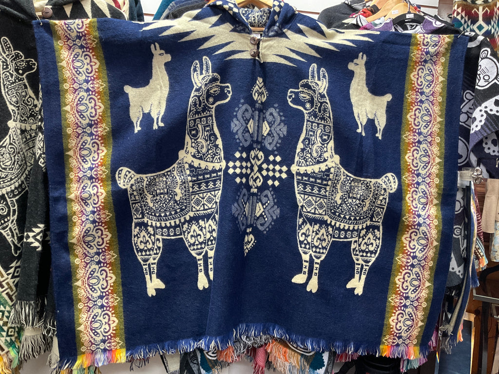Alpaca Wool Poncho with Hood - Llamas