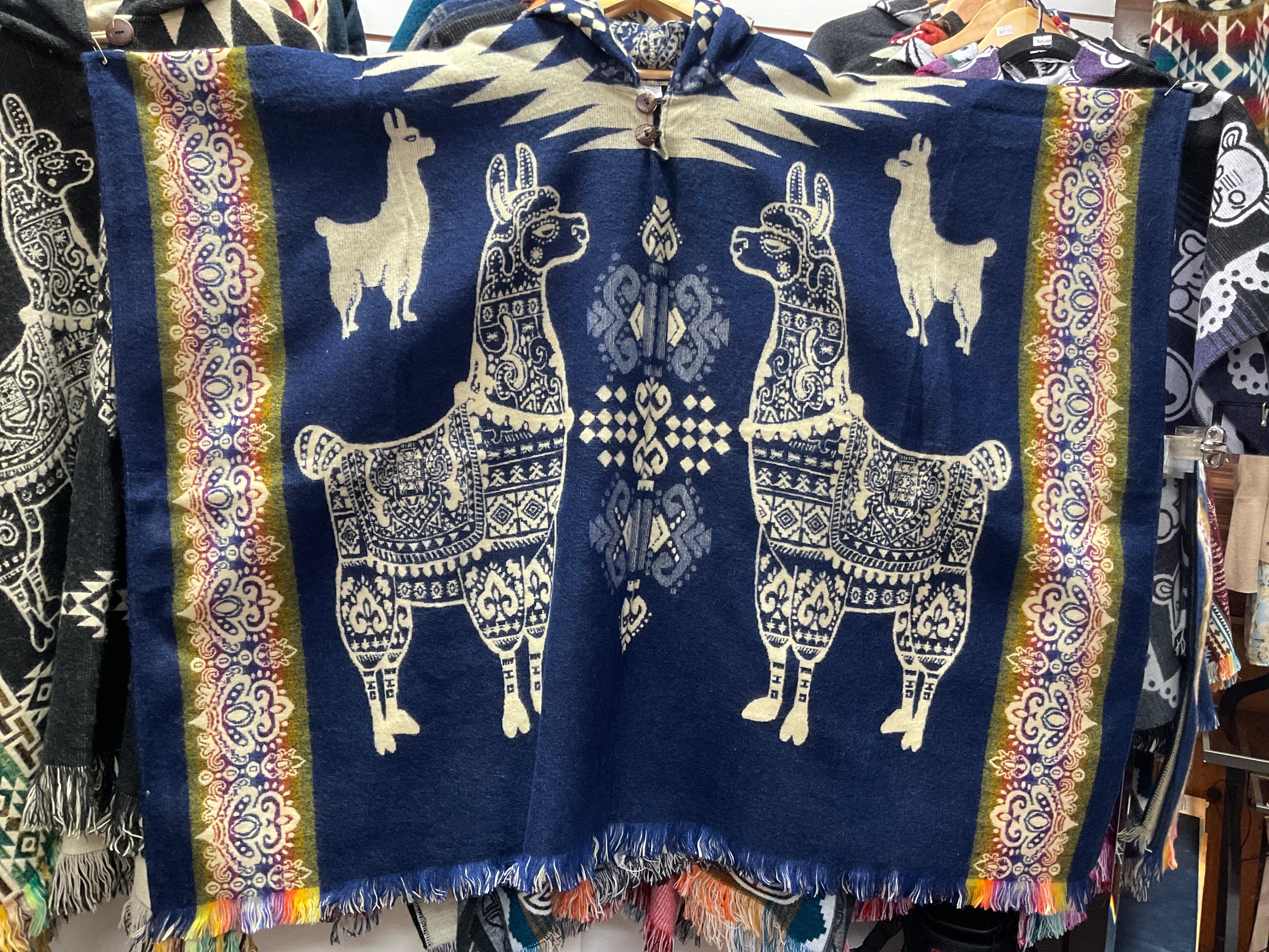 Alpaca Wool Poncho with Hood - Llamas