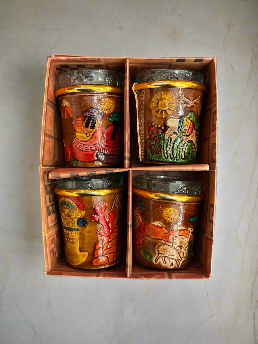 Set of 4 Artisan Shot Glasses Leather Lining