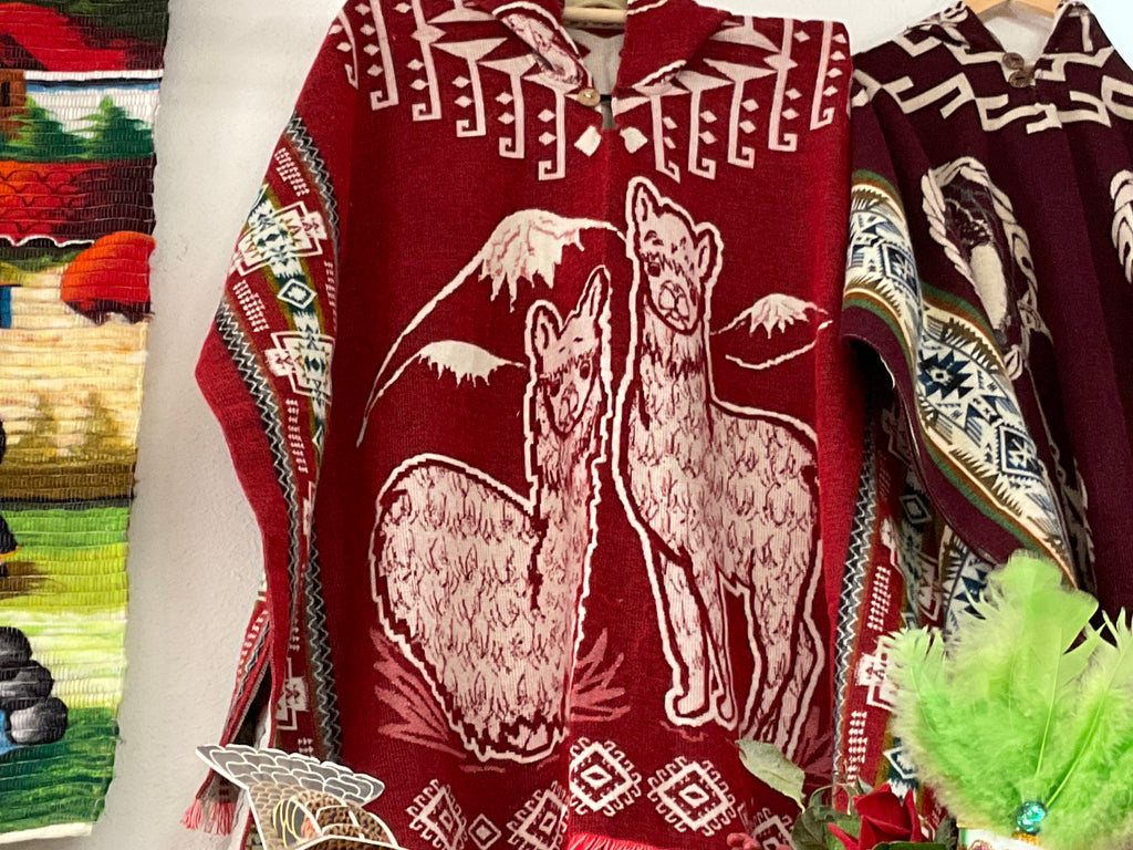 Alpaca Wool Poncho with Hood - Llamas