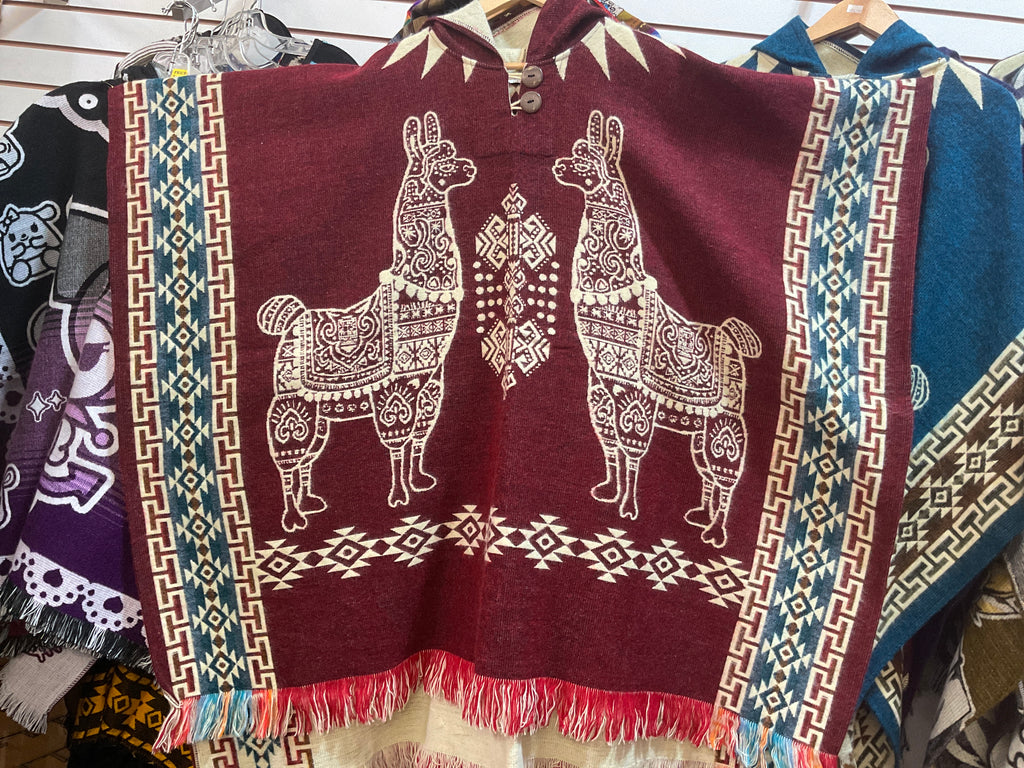 Alpaca Wool Poncho with Hood - Llamas