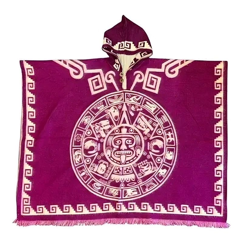 Alpaca Wool Poncho with Hood - Aztec Calendar