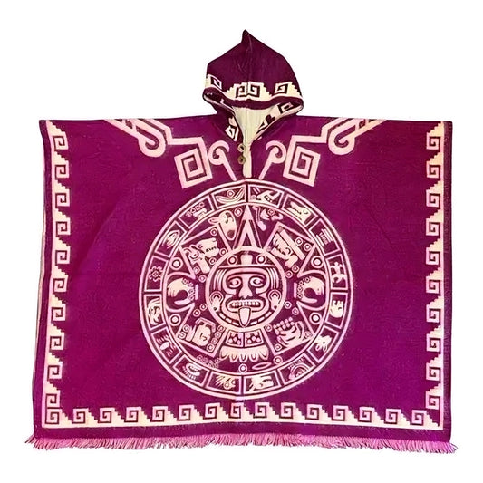 Alpaca Wool Poncho with Hood - Aztec Calendar