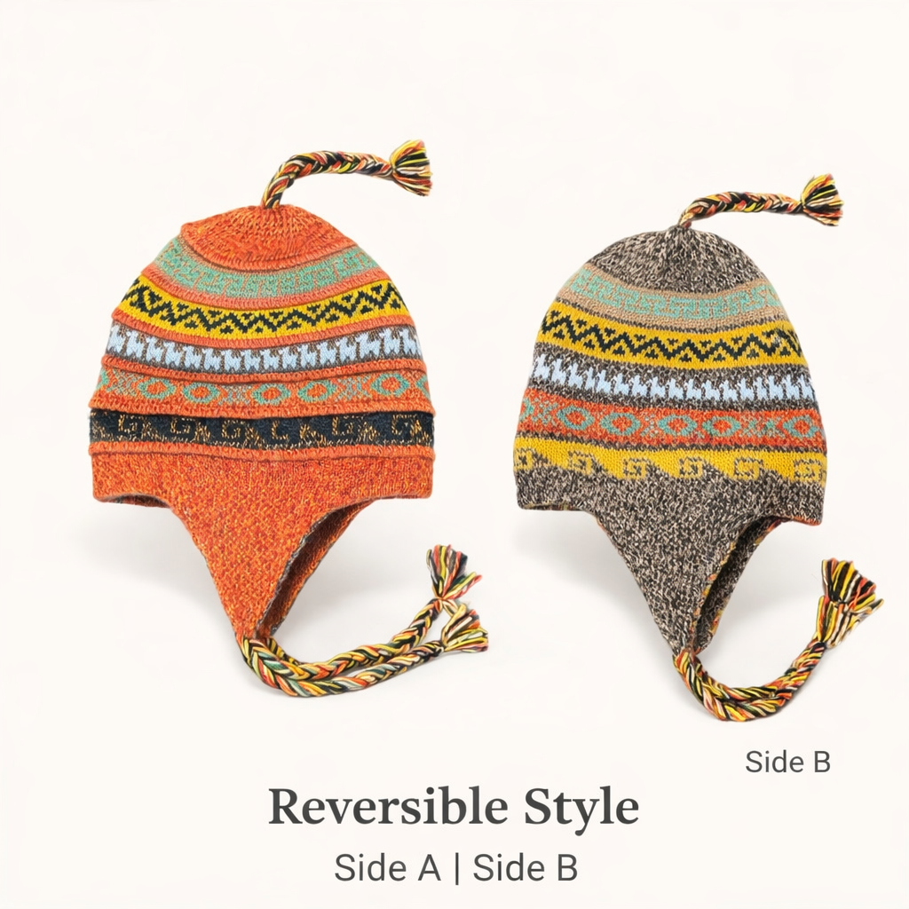 Baby Alpaca Reversible Chullo Hats – Peruvian Andean Earflap Beanies